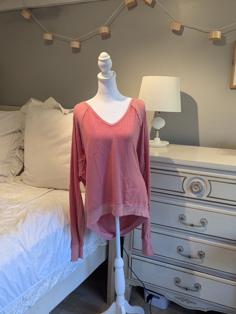 We The Free Rose Pink V-Neck Waffle Knit Pullover Off The Shoulder Top, M